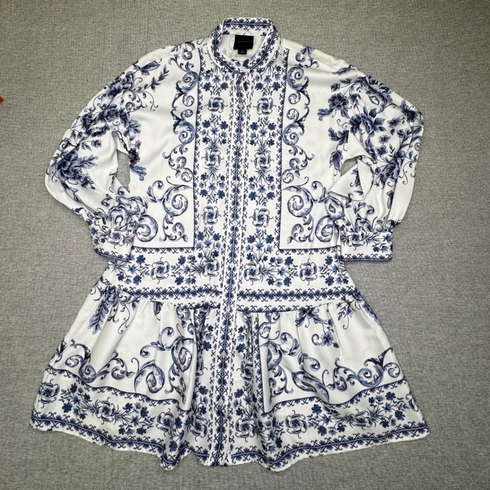 Alex‎ Marie Blue White Toile Babydoll Dress Womens Long Sleeve Button Front Sz L